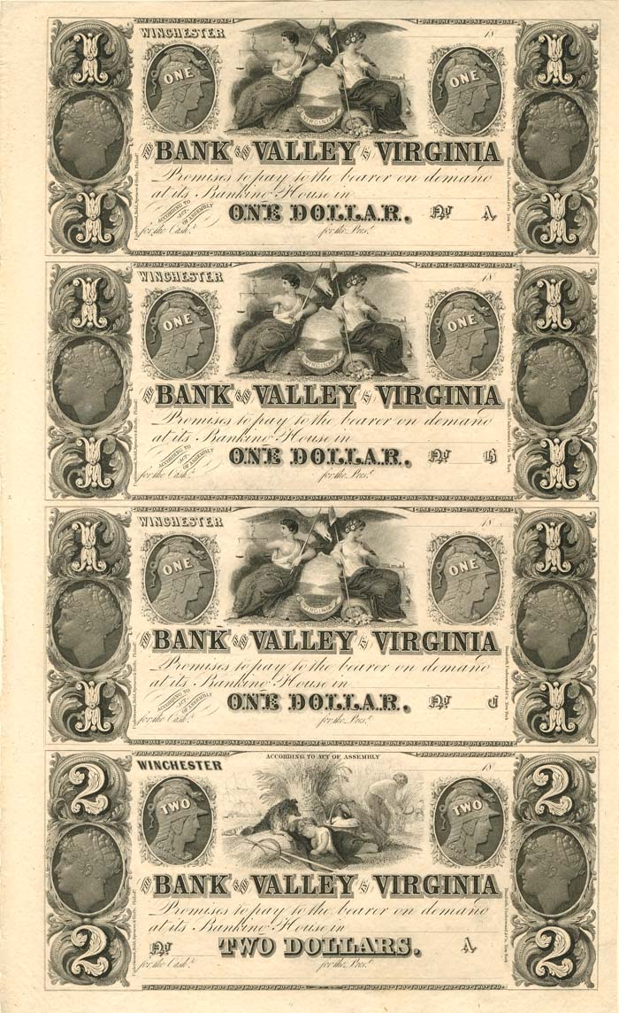 Bank of the Valley in Virginia - Uncut Obsolete Sheet - Broken Bank Notes